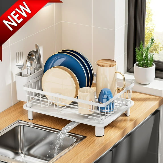 Bxaolu Small Dish Drying Rack, Compact Dish Rack for Kitchen Counter, Stainless Steel Dish Drainer, Space Saving Plate Rack, Dish Strainer with Cutlery Holder(White, 11" Wx 14.9L" x 5"H)