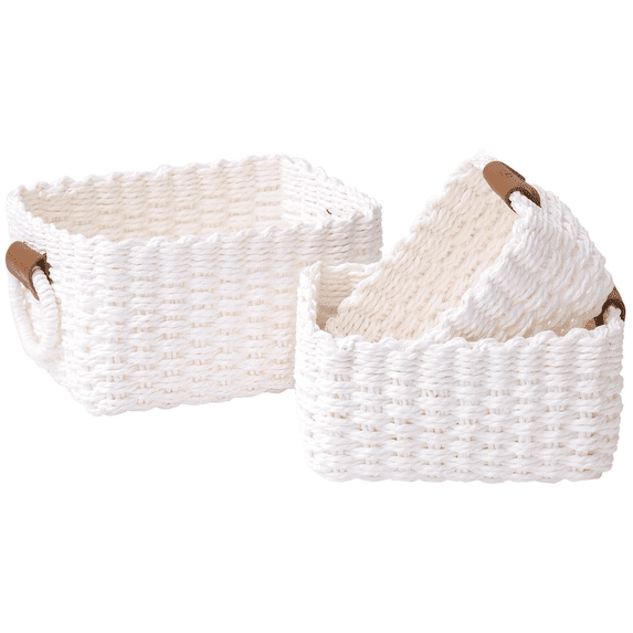 Bxaolu Small Wicker Baskets, 3 PCS Paper Rope Baskets for Shelves, White Small Baskets, 3 Sizes Woven Baskets for Organizing, Decorative Storage Baskets for Bedroom and Bathroom