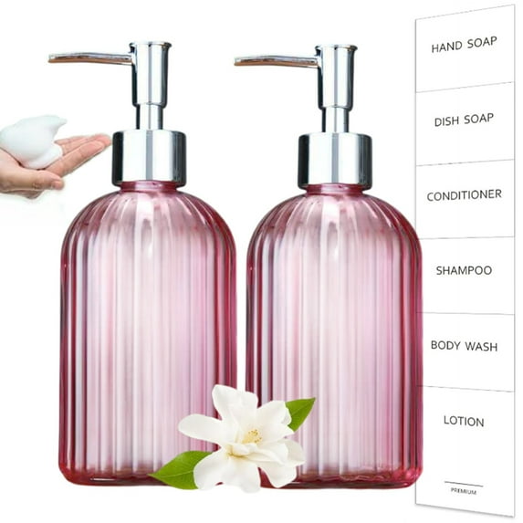 Bxaolu Soap Dispenser - 2 Pack, 13.5 Oz Clear Vertical Stripe Glass Refillable Hand Soap Dispensers with Rust Proof Pump, Lotion Dispensers for Kitchen, Bathroom(Pink)