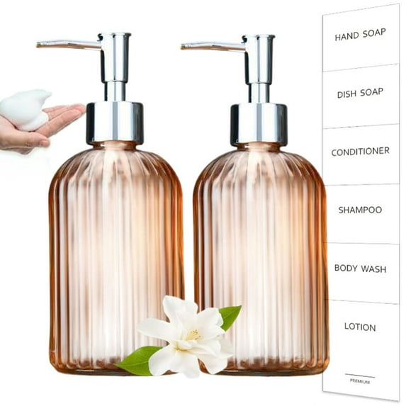 Bxaolu Soap Dispenser - 2 Pack, 13.5 Oz Clear Vertical Stripe Glass Refillable Hand Soap Dispensers with Rust Proof Pump, Lotion Dispensers for Kitchen, Bathroom(Yellow)