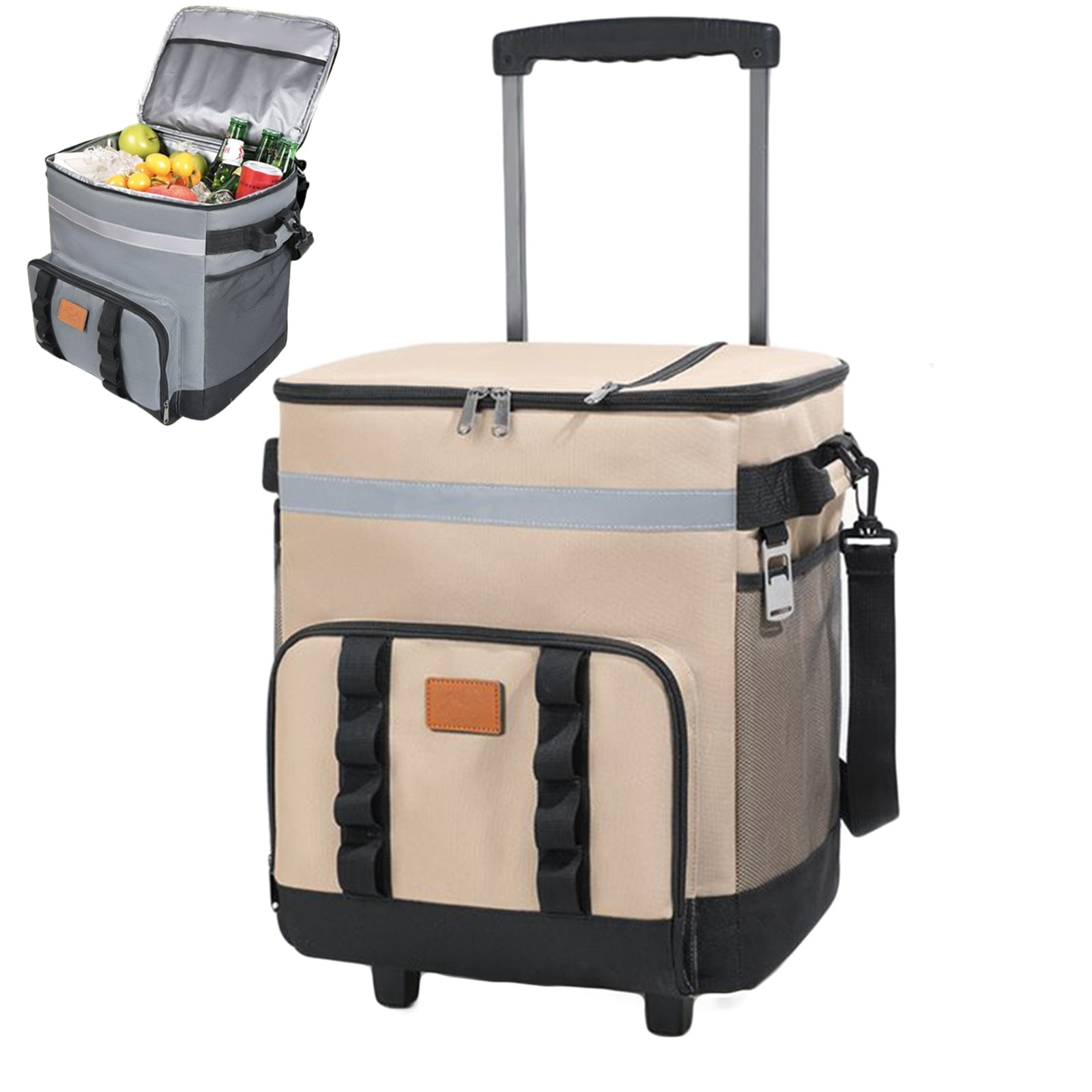 Bxaolu Soft Cooler with Wheels, 60-Can(35L) Wheeled Cooler with Handle, Leak Proof Rolling Cooler Insulated Bag with Cart, Collapsible Rolling Ice Chest for Beach Picnic Camping Grocery, Khaki