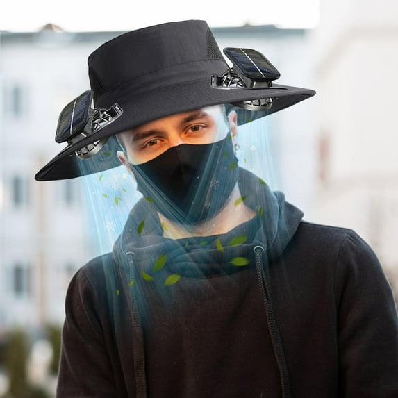Bxaolu Solar Fan Hat Wide Brim Outdoor Sun Hat with 2 Solar Fans and 1 Black Mask - Detachable and USB Charging Fan - Black