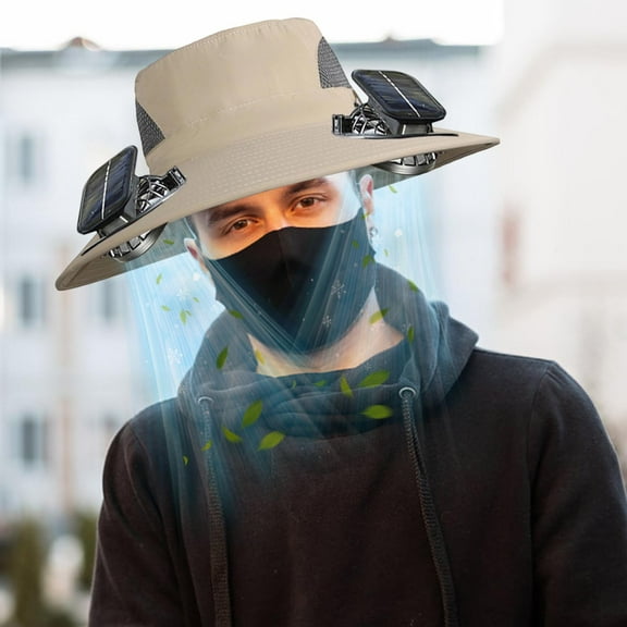 Bxaolu Solar Fan Hat Wide Brim Outdoor Sun Hat with 2 Solar Fans and 1 Black Mask - Detachable and USB Charging Fan - Khaki