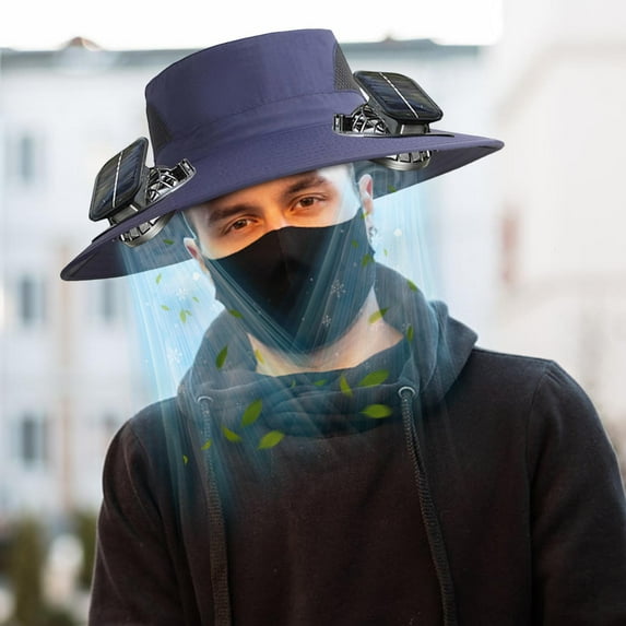 Bxaolu Solar Fan Hat Wide Brim Outdoor Sun Hat with 2 Solar Fans and 1 Black Mask - Detachable and USB Charging Fan - Navy