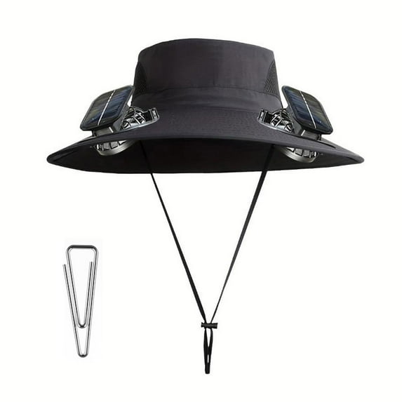 Bxaolu Solar Fan Hat, Wide Brim Solar Fan Outdoor Fishing Hat, Breathable Bucket Hat Outdoor Summer Hat for Hiking Camping, Black