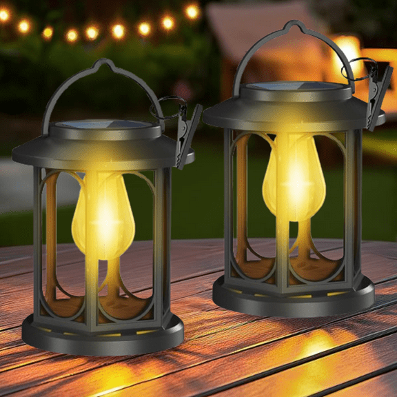 Bxaolu Solar Lanterns Outdoor Waterproof 2-Pack: Hanging Solar Lights for Outside Patio Decor for Garden Bright Black Modern Lanterns Decorative with Clips Gifts for Family - Warm Light
