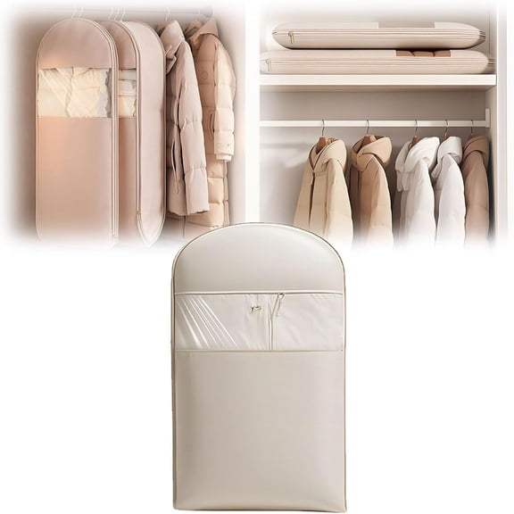 Bxaolu Space Saving Hanging Garment Bag with Self Compression Zipper, Visibility Clothes Hanging Protector for Down Coat with Self Compression Zipper (Beige-Small,1Pack)