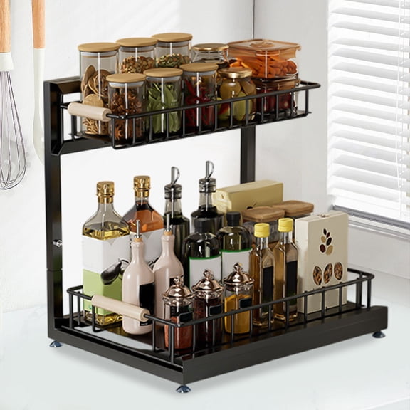 Bxaolu Spice Rack Organizer for Countertop, 2-Tier Metal Rust-Proof Standing Seasoning Storage Shelf with Guardrail Design for Kitchen Cabinet Bathroom Living Room Pantry, Black