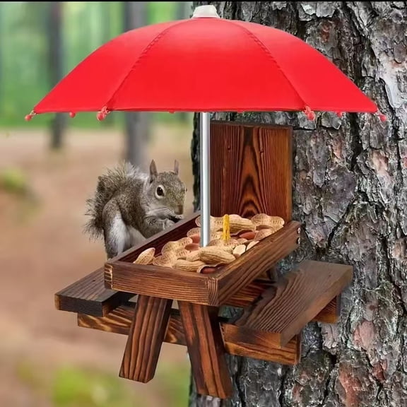 Bxaolu Squirrel Feeder Picnic Table with Umbrella, Carbonized Wood Squirrel Feeder for Outside Funny Chipmunk Feeder with Corn Cob Holder Structure Solid for Squirrel Gifts