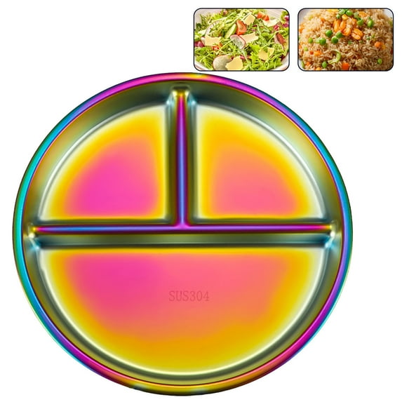 Bxaolu Stainless Steel Divided Plates, 3 Sections Unbreakable Dinner Plates, Cute Round Shape Divided Plates for Picnic, Lunch, Camping (Multicolor, 9.1in)