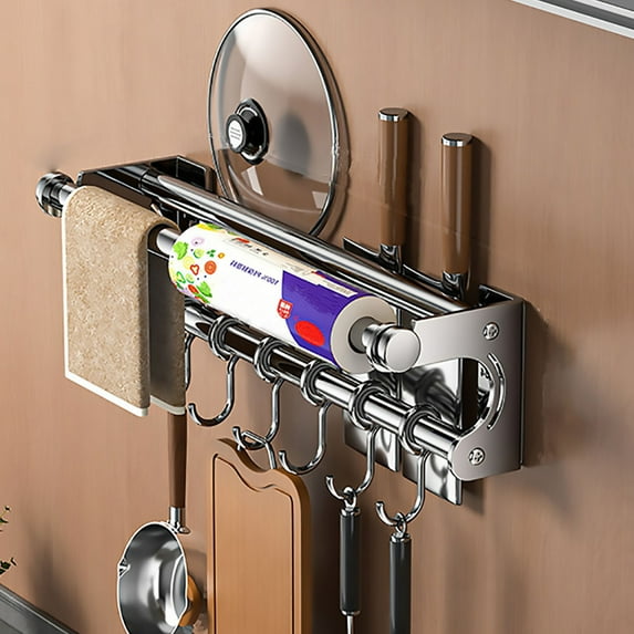 Bxaolu Stainless Steel Pot and Pan Hanger, Wall Mounted Pot Rack Kitchen Hanging Rail With 6 Hooks, Detachable Pans Hanging Rail Kitchen Lids Towel Hanger,11.8" Wall Mounted Hanging Pot Rack