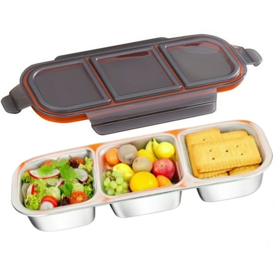 Bxaolu Stainless Steel Snack Containers, Reusable Condiment Box with Lids, 3 Compartment Sauce Cups, Divided Food Storage Containers for Picnic, Home, Travel, 1Pack