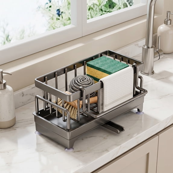Bxaolu Stainless Steel Sponge Holder with Kitchen Sink Storage Rack Countertop Organizer for Dishcloth Soap Brushes Space Saving Kitchen Rack - Gray
