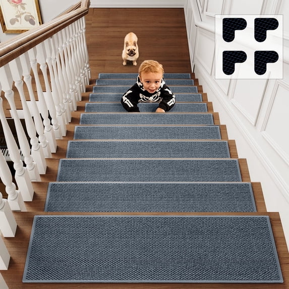 Bxaolu Stair Treads Carpet Non-Slip Indoor 4PCS Wood Stair Treads Rugs Adhesive Modern Stair Runners for Families Dogs, 8" X 30"