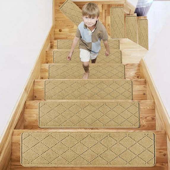 Bxaolu Stair Treads Carpet Non-Slip Indoor Wood Stair Treads Rugs Anti Moving Modern Stair Runners Safety for Dogs, 8" X 30", Beige
