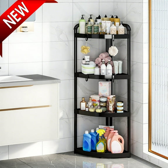 Bxaolu Standing Corner Shower Caddy - 3 Tier Shower Organizer Corner with 4 Hooks, Plastic Bathroom Storage Shelves for Bathroom Accessories, Black