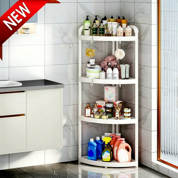 Bxaolu Standing Corner Shower Caddy - 3 Tier Shower Organizer Corner with 4 Hooks, Plastic Bathroom Storage Shelves for Bathroom Accessories, White