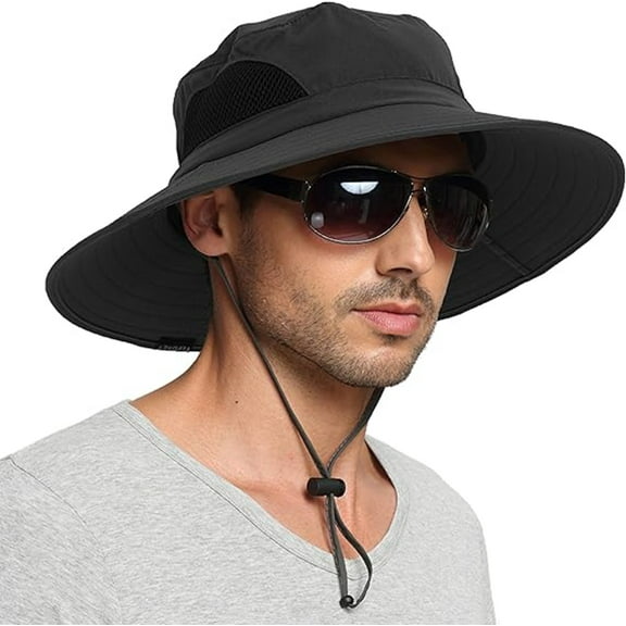 Bxaolu Sun Hat for Men Sun Protection Wide Brim Bucket Hat Winproof Breathable Packable Boonie Hat for Fishing Hiking, Black