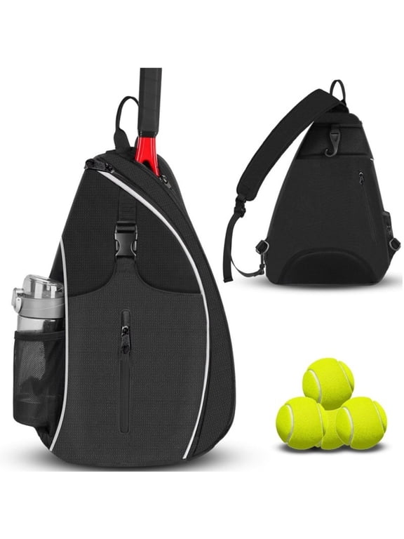 Tennis Bag, Tennis Sling Backpack Crossbody Water Resistant for Men Women, Singles Shoulder Racket Bag Compatible for Pickleball Badminton Rackets, Black