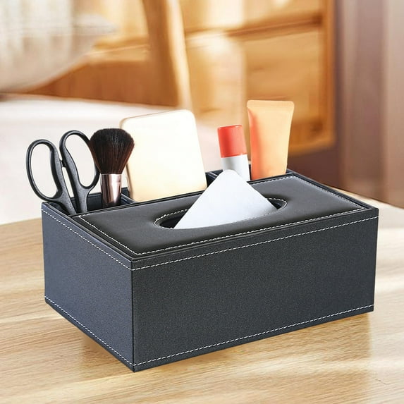 Bxaolu Tissue Box Cover Rectangle Tissue Box Holder PU Leather Facial Tissue Organizer, Multifunctional Remote Control Stationery Storage Box, Car Home Office Supplies(Gray)