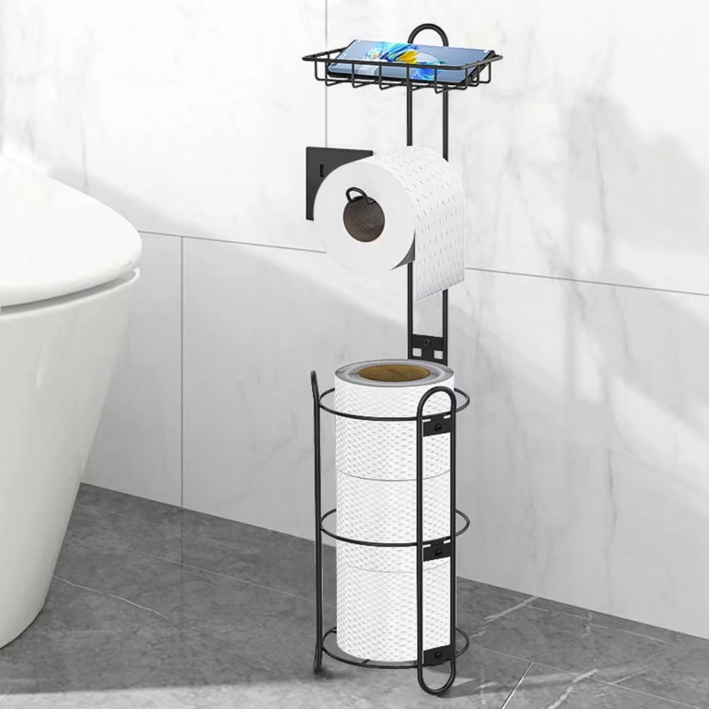 Bxaolu Toilet Paper Holder Free Standing – Rustproof Metal Toilet Paper Stand for 4 Rolls with Shelf for Phone & Small Items, Bathroom Organizers and Storage, Black