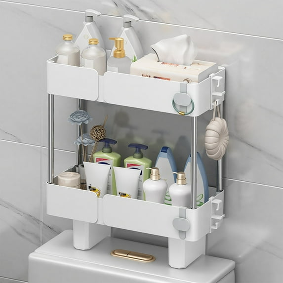 Bxaolu Over The Toilet Storage Shelf, 2-Tier Bathroom Storage Organizer Upgrade Punch-Free Toliet Storage Shelf Auto Drain, Home Storage Rack with Hooks Shelf, White