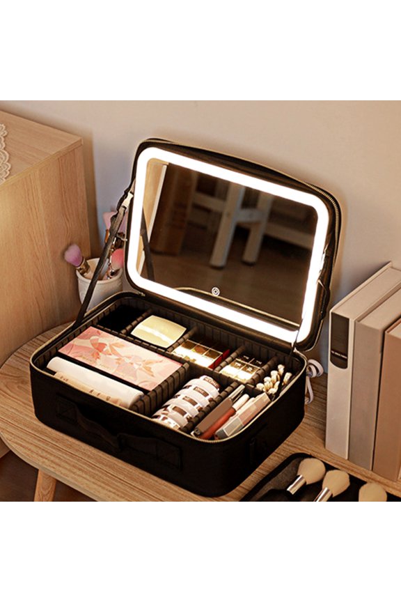 Travel Makeup Bag Cosmetic Bag Makeup Organizer Bag with Lighted Mirror 3 Color Scenarios Adjustable Brightness, Waterproof Makeup Train Case