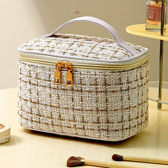 Bxaolu Travel Makeup Bag for Women, Large Cosmetic Case Organizer with Makeup Brush Compartment, Portable Train Case Make Up Bag for Travel-Size Toiletries, Cosmetics- White