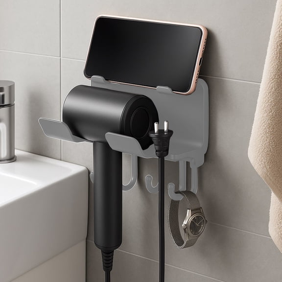 Bxaolu Universal Hair Dryer Holder with 4 Hooks, Blow Dryer Hanger Wall Mount for Hair Dryer Hook with Plug Cord Organizer Self Adhesive for Cabinet Bathroom. Gray