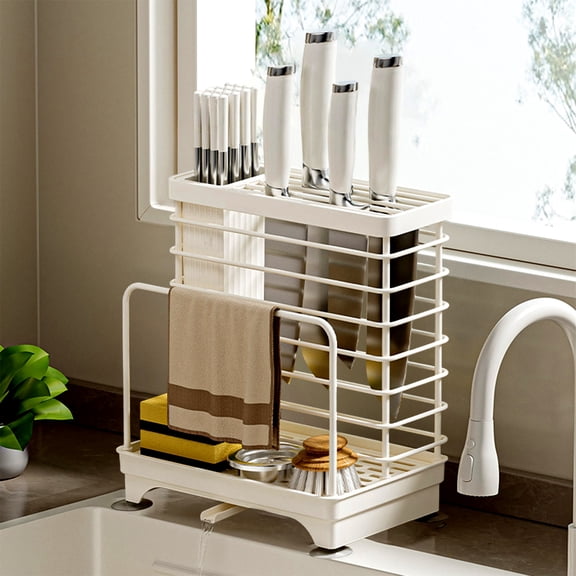 Bxaolu Universal Knife Block Holder, Kitchen Knife Holder Storage Organizer, Kitchen Utensils Holder , Cutting Board Rack, Pot Pan Lid Holder with Drain Tray for Counter, Cabinet (White)