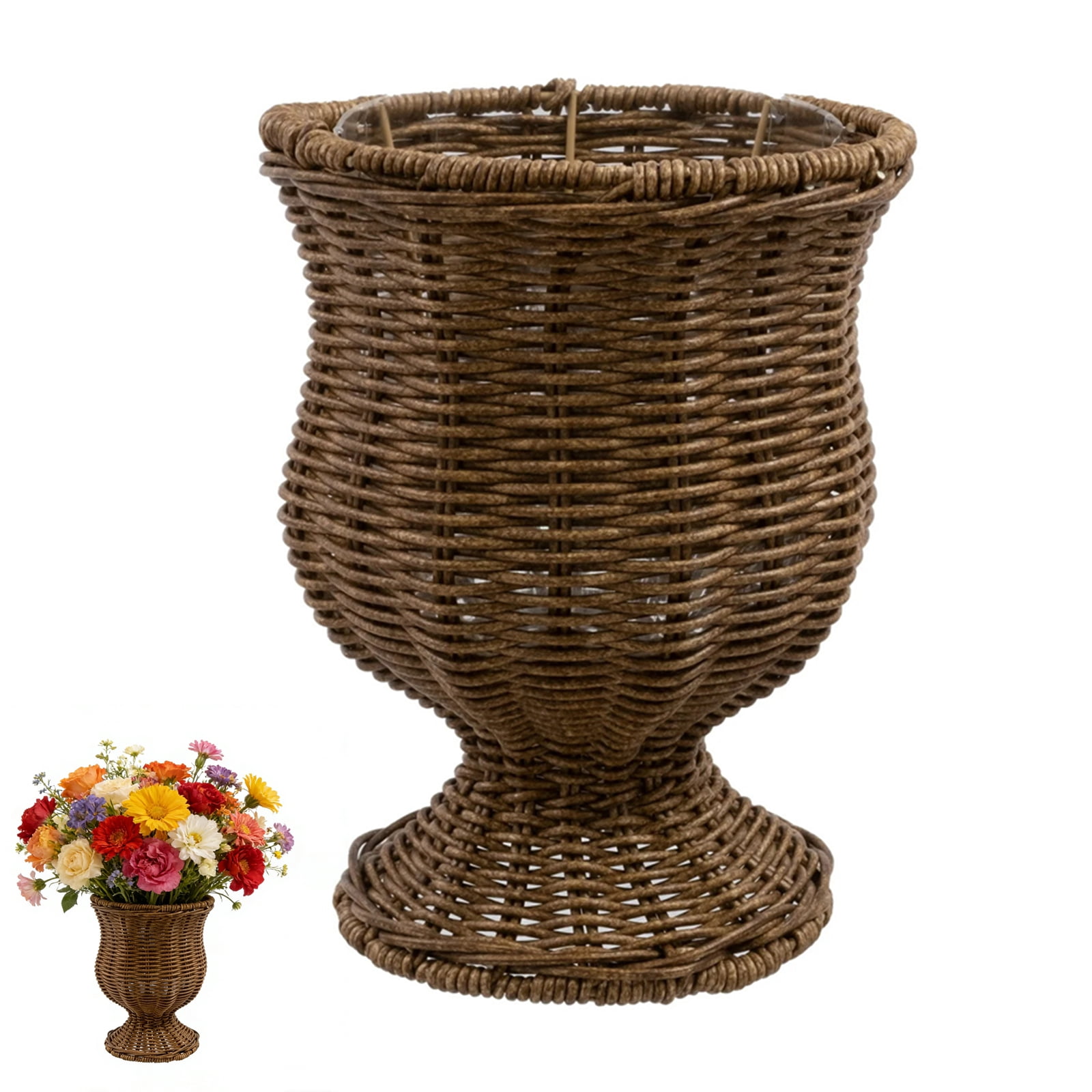 Bxaolu  Urn-Goblet Woven Planter, 10.67"x8.1" Handwoven Boho Wicker Basket,Woven Decorative Storage Basket and Planter for Porch Patio Backyard Home Garden