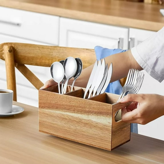 Bxaolu Utensil Caddy, Silverware Caddy for Party, Wood Silverware Holder, Silverware Organizer Countertop, Cutlery Storage Containers for Kitchen Table, 9" x 3.5" x 4.5"