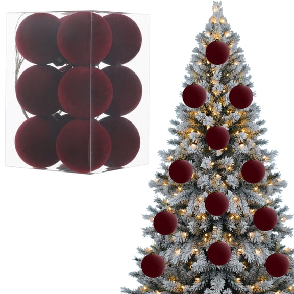 Bxaolu Velvet Christmas Tree Ornaments, 12PCS Shatterproof Flocked Christmas Balls Decorations Set, Christma Tree Flocked Ornaments Balls for Family Holiday Wedding Party Hanging Decoration,Red