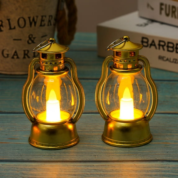 Bxaolu Vintage Lantern Decor, 2-Pack LED Candle Lantern, Small Sized Lantern Indoor Outdoor Hanging Lanterns for Wedding Centerpiece,Halloween,Christmas,Farmhouse Decorations - Gold