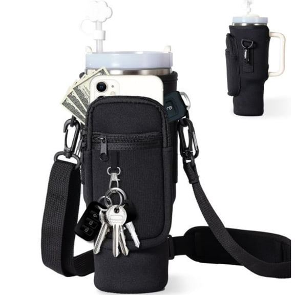 Bxaolu Water Bottle Carrier Bag for 40/30 oz Tumbler with Phone Pocket, Water Bottle Holder with Shoulder Strap Ice Cup Accessories, Black
