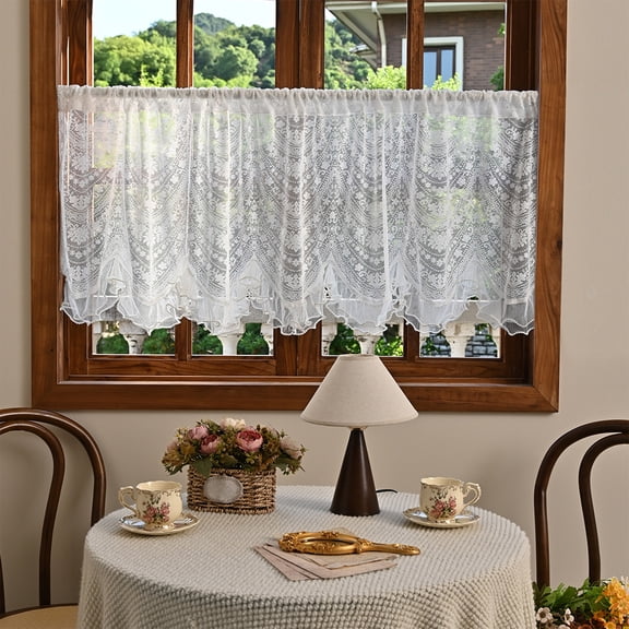 Bxaolu White Lace Semi-Sheer Valance Cafe Curtains – Vintage Floral Lace Tiers for Bedroom, Privacy Light Filtering Rod Pocket Window Valances, Elegant Scalloped Valances 1 Panel, 59W x 21.65L Inch