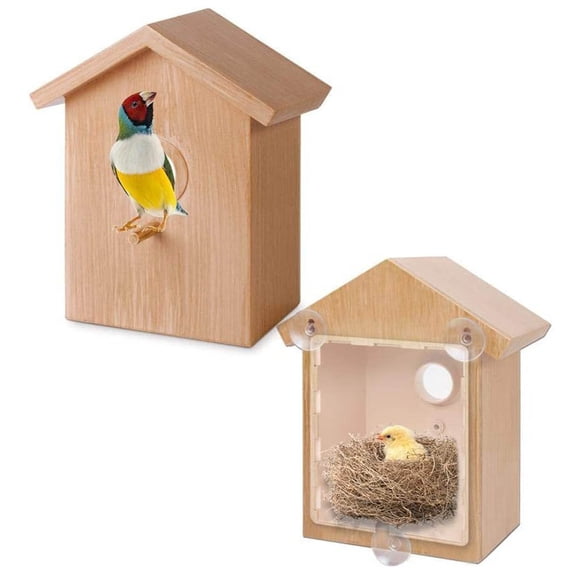 Bxaolu Window Bird House for Outside with Strong Suction Cup, See Through Window Birdhouse for Viewing Inside, Wooden Bird Nesting Box for Bluebird Chickadee Outdoors, Bird Lovers Viewing
