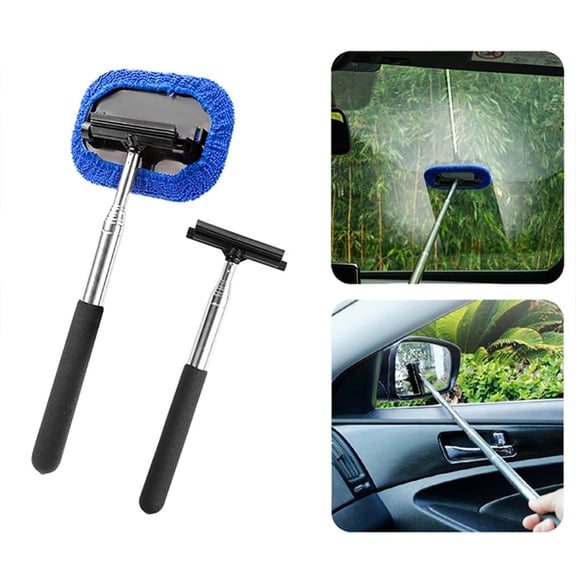 Bxaolu Windshield Cleaner Tool, 2-IN-1 Car Interior Detailing Cleaning Brush with Extendable Handle and Reusable Microfiber Pad, Auto Glass Wiper Brush for Cars, Blue