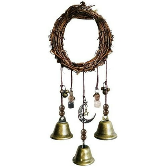 Bxaolu Witch Bells for Door Knob, Boho Hanger Wind Chimes Protection, Witchy Things Bell Strings with 3 Bells, Halloween Supplies Door Bell, Vintage Witch Decor for Home Room [13"]