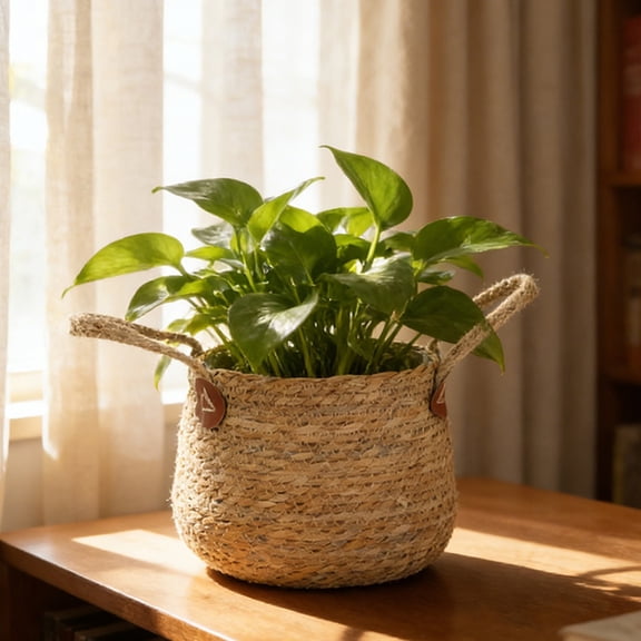 Bxaolu Woven Straw Flower Pot, Sea-Grass Planter Basket, Wicker Rattan Vase Sundries Organizers Storage Bins, Hand Woven Basket Planter with Plastics Liners and Handle - 8"x7.7"
