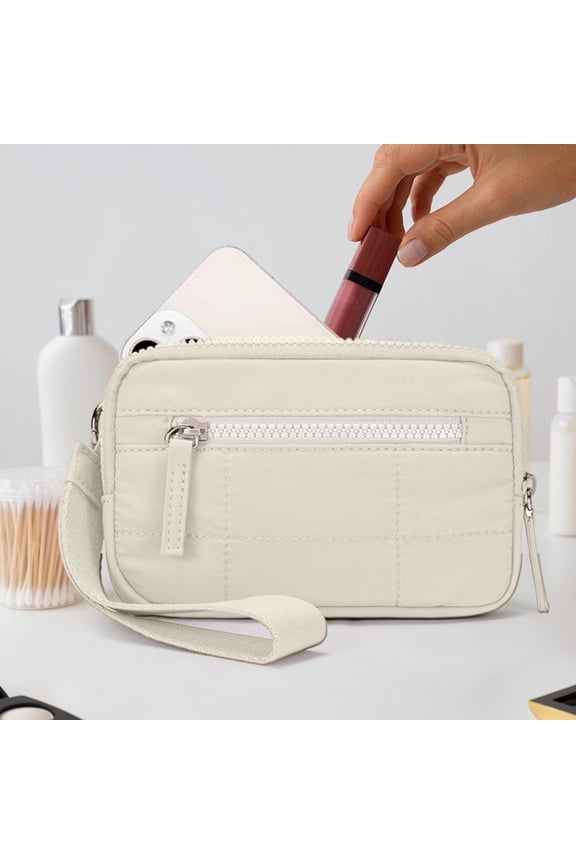 Wristlet Wallets for Women Nylon Quilted RFID Wallet with 3 Zippers Purse Credit Card Holder Cell Phone Organizer for Travel, White