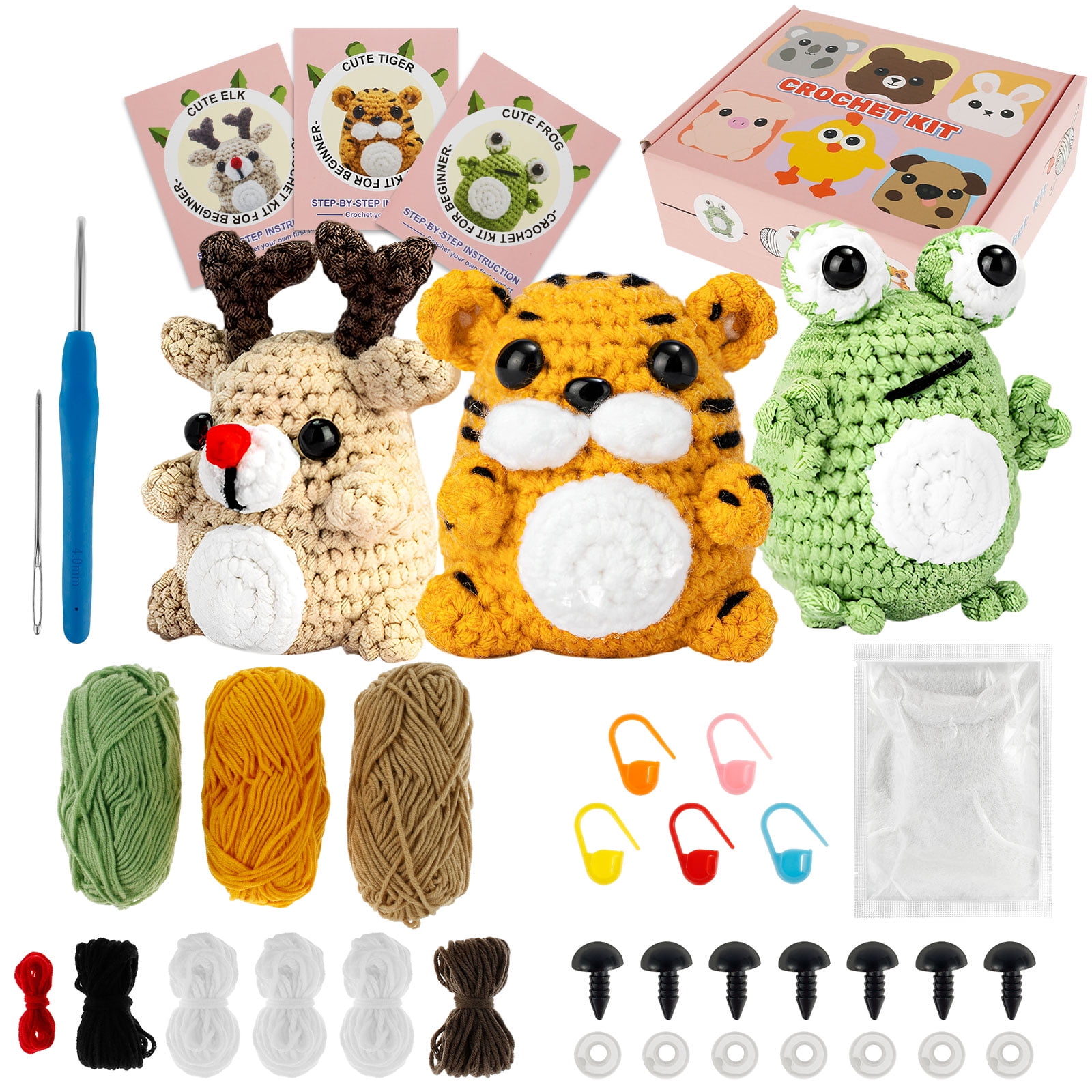Bxmavoj Crochet Kit for Beginners,Animal Crochet Starter Accessories Set (Elk-Tiger-Frog),Knitting Kit for Adult Kids with Video Tutorials