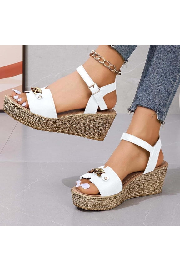 Adjustable Chain Strap Wedge Sandals, Straw-Textured Thick Sole Outdoor Shoes with Metallic Buckle Decor