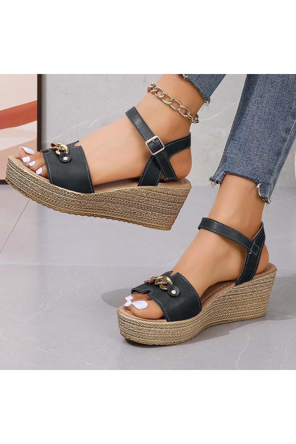 Adjustable Chain Strap Wedge Sandals, Straw-Textured Thick Sole Outdoor Shoes with Metallic Buckle Decor