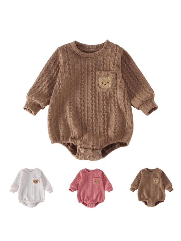 Baby Bodysuit Cable Knit One-Piece Long Sleeve Romper with Bear Pocket