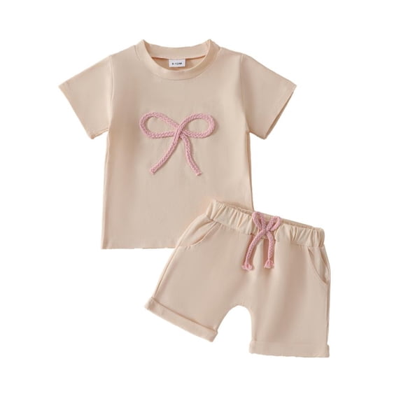 Bxsruta Baby Girl Outfits, Fashion Girls' Casual Short Sleeve Round Neck Collar Botton Solid Short Pants Sets, Beige 18 Months