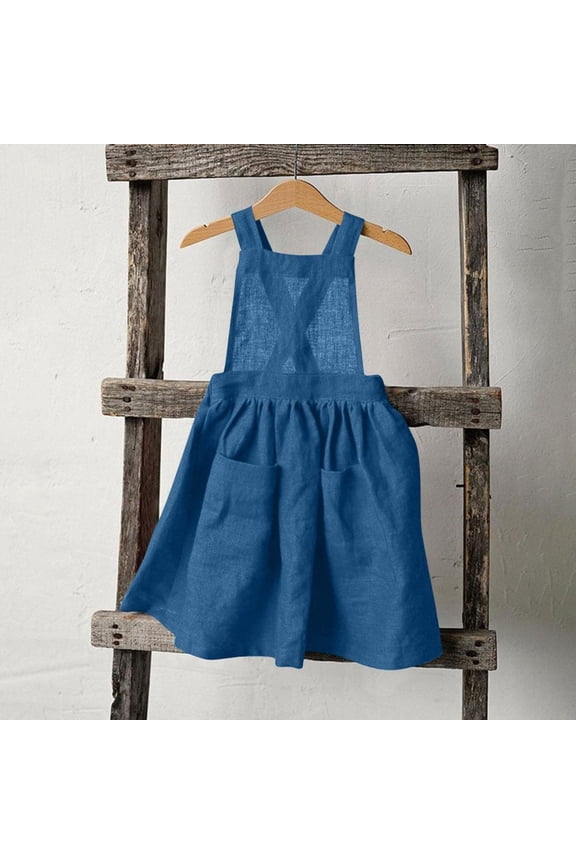 Back Button Suspender Dress for Girls, Pocketed Denim-Style Linen Blend Sundress for Spring and Summer Daily Wear
