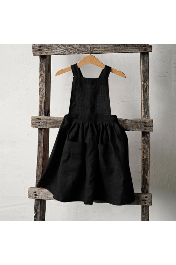 Back Button Suspender Dress for Girls, Pocketed Denim-Style Linen Blend Sundress for Spring and Summer Daily Wear
