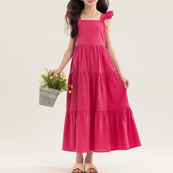 Bxsruta Big Girls' Striped Ruffle Strap Tiered Dress Soft Breathable Sleeveless A-Line Casual Party Dress Machine Washable