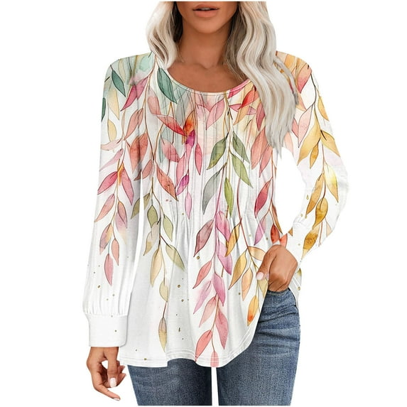 Bxsruta Blouse for Women, Women's Casual Fashion Loose Pleated Round Neck Fashion Print Long Sleeved Top Print Long Sleeved Round Neck Top/shirt, Pinky white L